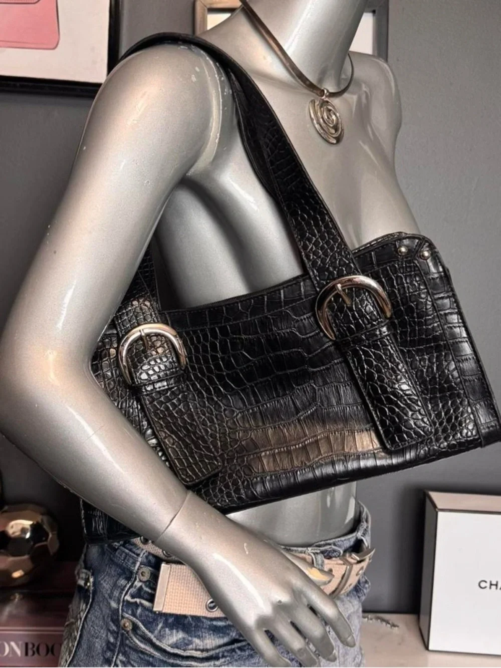 Y2K Black Croc Faux-Leather Shoulder Bag Purse - Picture 2 of 6